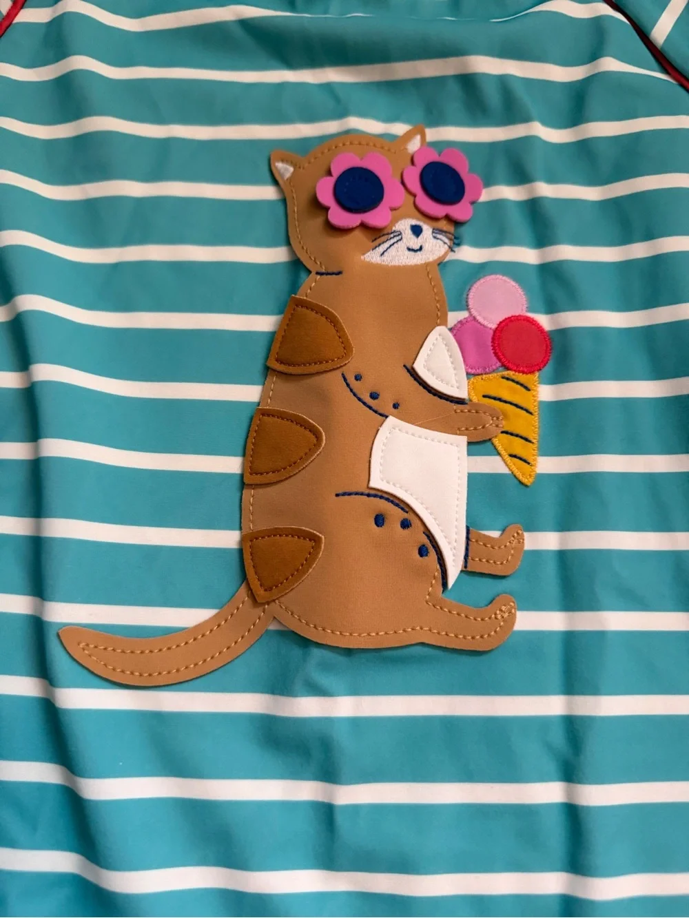 Mini Boden Aqua and White Striped Kids Swim Rashguard with meerkat Euc 11/12